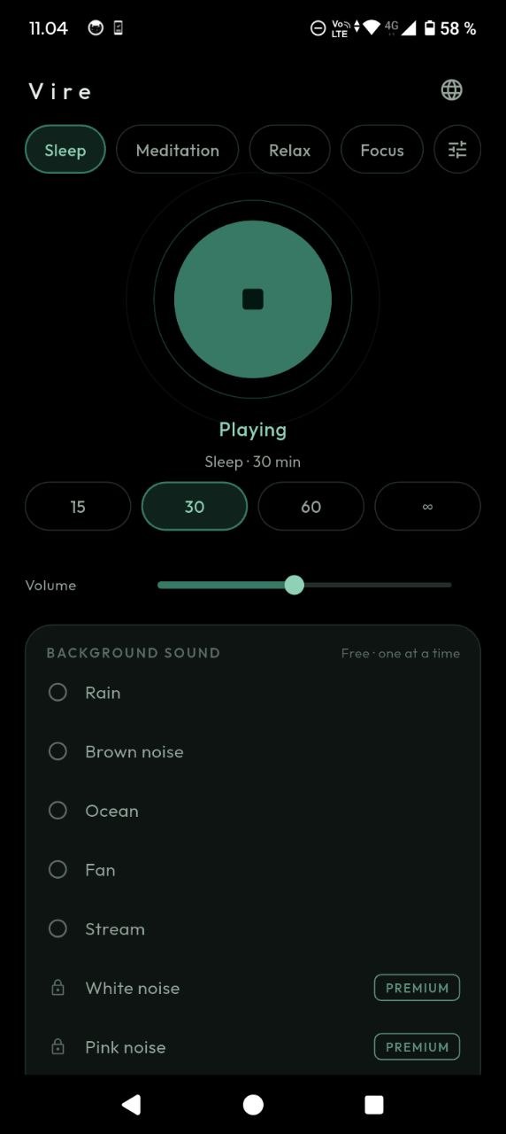 Vire main screen: Sleep preset playing, timer options and background sound list