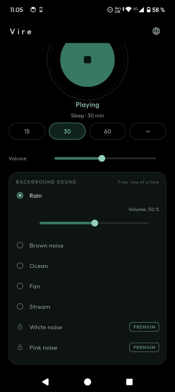 Background sound list with Rain selected and its own volume slider